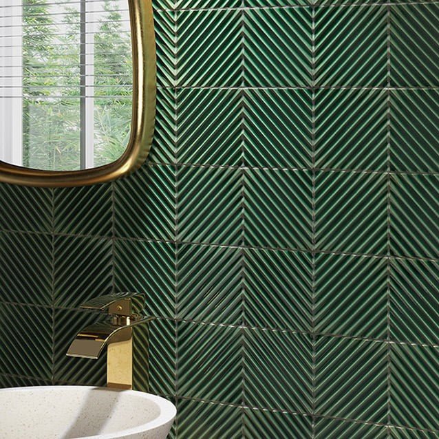 Emerald Green Crackle Porcelain Ribbed 5x5 Tile Backsplash