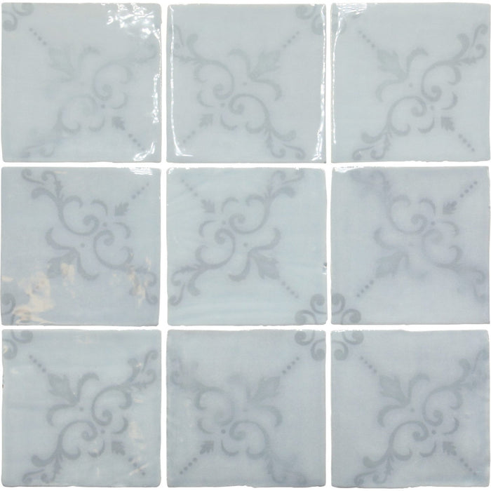 Fleur De Lis Deco 5 x 5 Tile in Glossy Sky Blue Ceramic - TileBuys