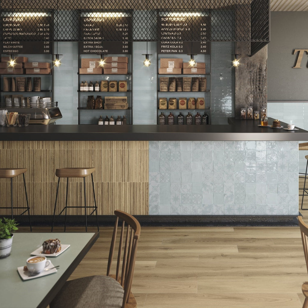 Fleur De Lis Deco 5 x 5 Tile in Glossy Sky Blue Ceramic - TileBuys