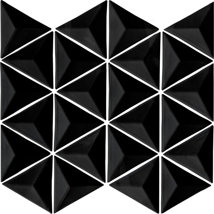 Glossy Black Glass 3D Triangle Mosaic Tile