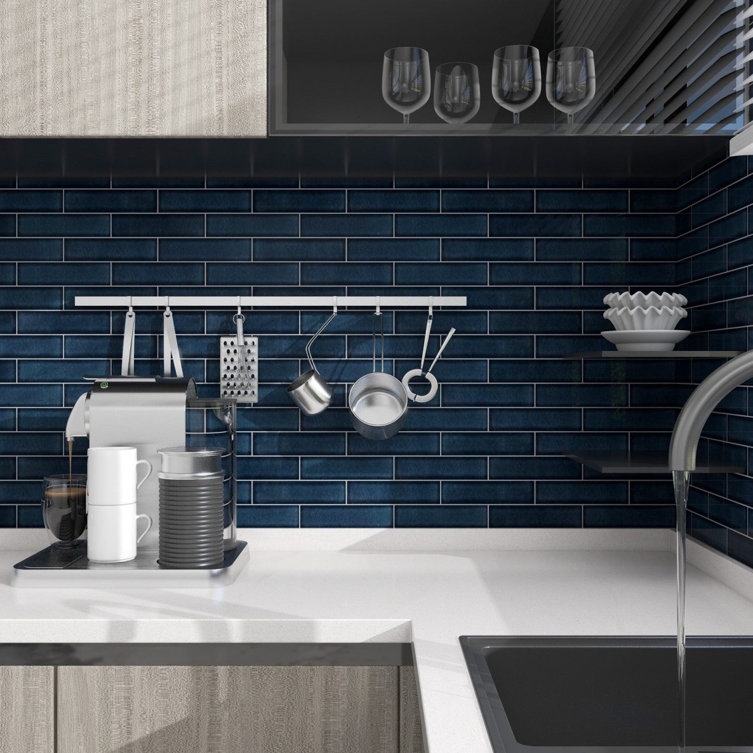 Glossy Ceramic Dark Navy Blue Subway Mosaic Tile - TileBuys