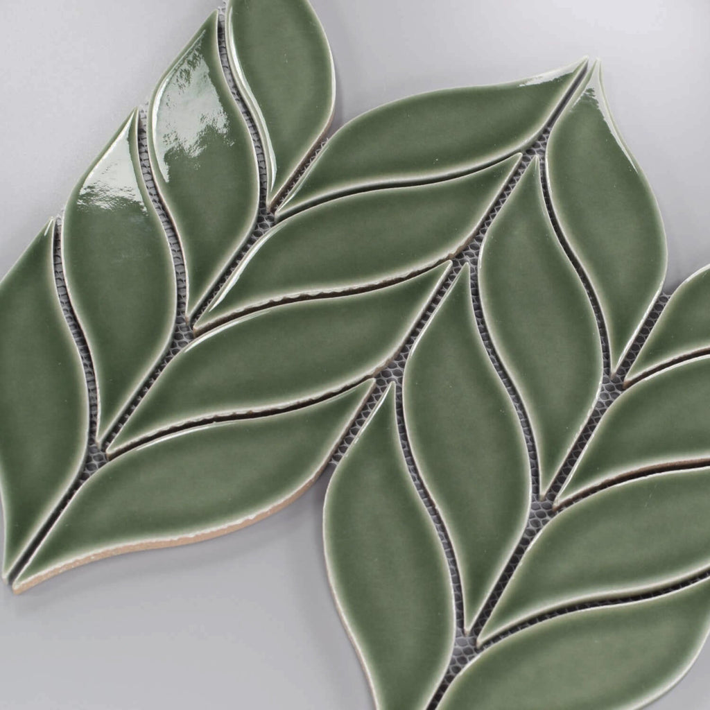 Closeup of Glossy Green Leaf Mosaic Tile