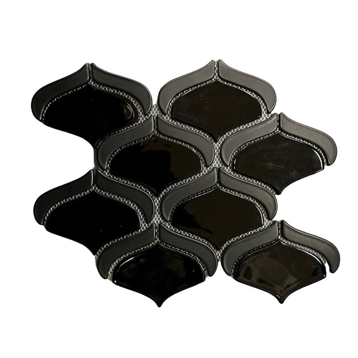 Glossy Onyx Glass Black Arabesque Tile Backsplash - TileBuys