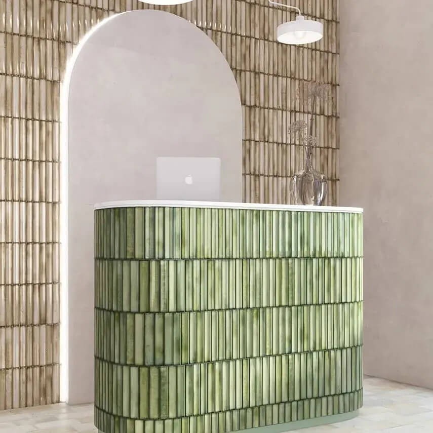 Glossy Salvia Green 4.5x9 Kit Kat Porcelain Tiled Reception Desk