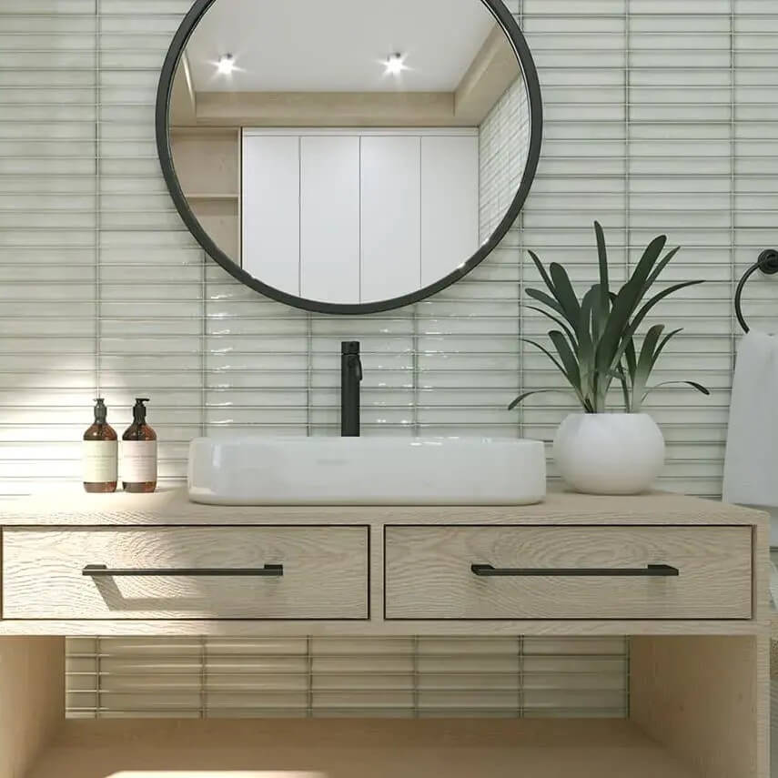 Bathroom with Snow White Kit Kat Tile Backsplash