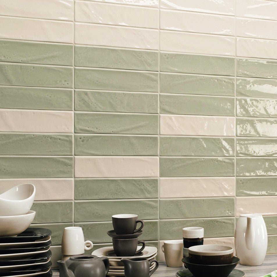 3x12 Ceramic Subway Tile Backsplash in Light Beige and Coastal Sage Green