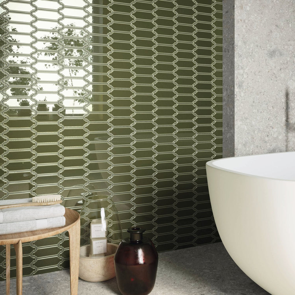 Glossy Victorian Olive Green Ceramic Linterna Mosaic Tile - TileBuys
