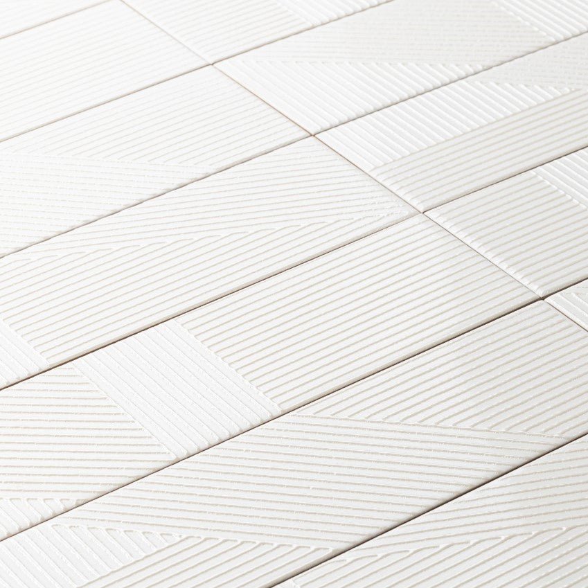 Glossy White 4 x 16 Line Patterned Ceramic Subway Wall Tile - TileBuys