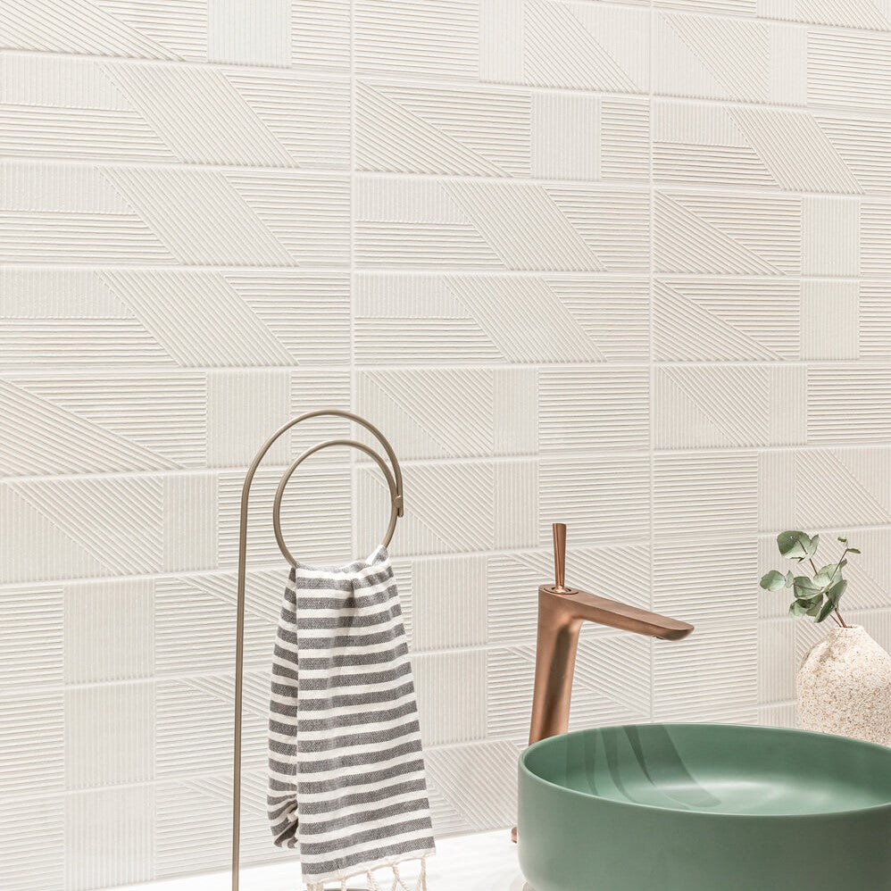 Glossy White 4 x 16 Line Patterned Ceramic Subway Wall Tile - TileBuys
