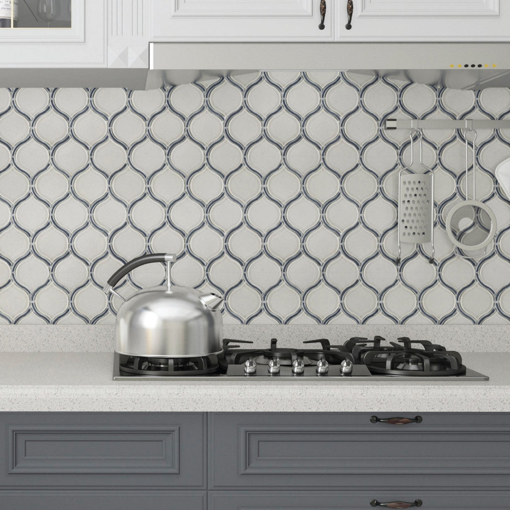 Glossy White and Gray Glass Arabesque Mosaic Wall Tile - TileBuys