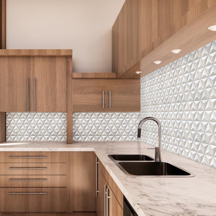 Kitchen with Wood Cabinets and White Glass 3D Triangle Mosaic Tile Backsplash