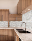 Kitchen with Wood Cabinets and White Glass 3D Triangle Mosaic Tile Backsplash