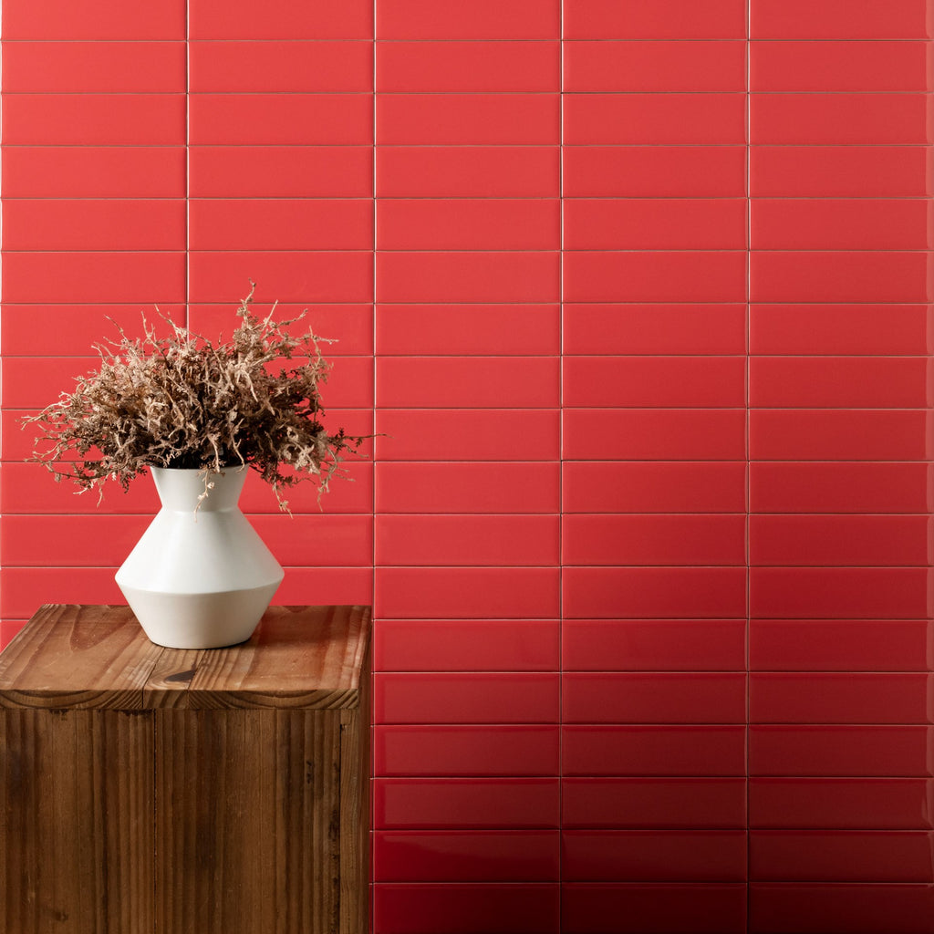 Glossy Pressed Ceramic 3 x 10 Subway Wall Tile in Vintage Red
