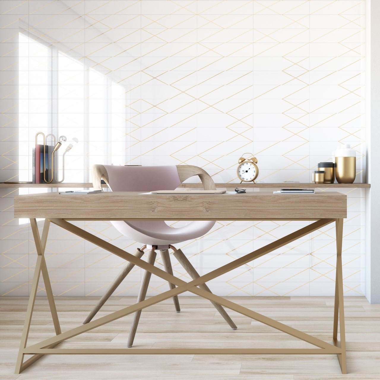 Gold Line 4 x 16 White Patterned Ceramic Subway Wall Tile - TileBuys