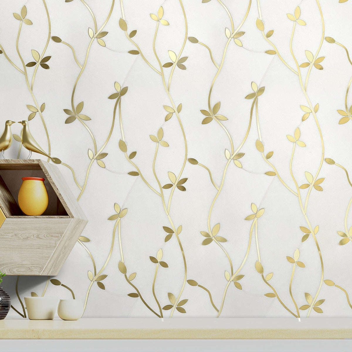 Golden Wild Flowers Waterjet Mosaic Tile in White Thassos Marble &amp; Brass Accent Wall