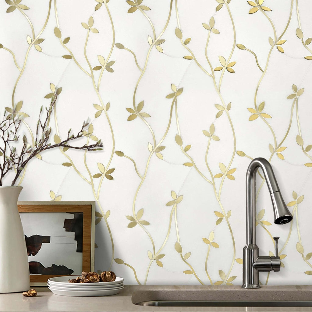 Golden Wild Flowers Waterjet Mosaic Tile in White Thassos Marble & Brass - TileBuys