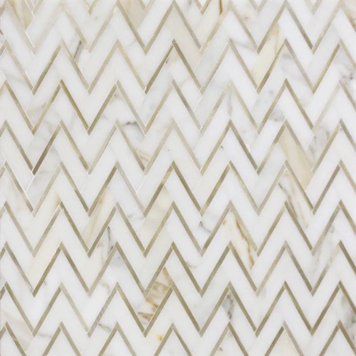 Calacatta (Calcutta) Marble with Gold Metal Waterjet Mosaic Tile in Golden Chevron