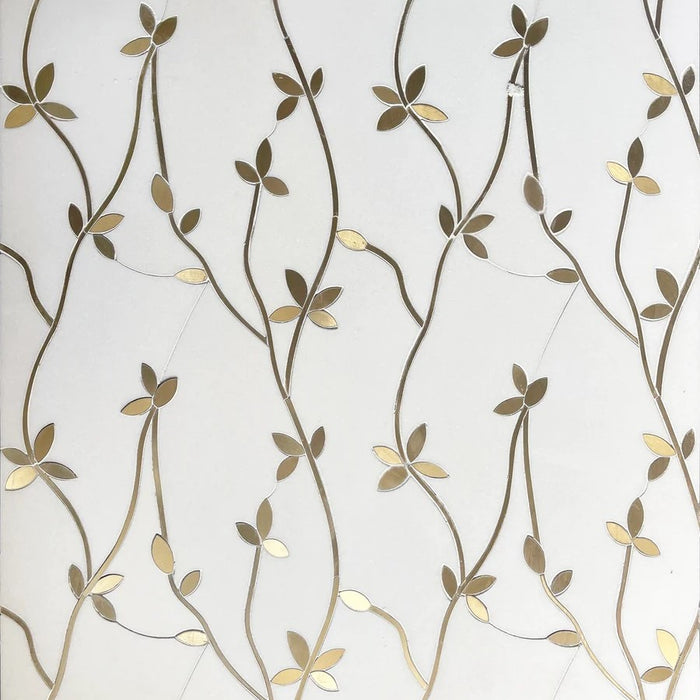 Golden Wild Flowers Waterjet Mosaic Tile in White Thassos Marble & Brass