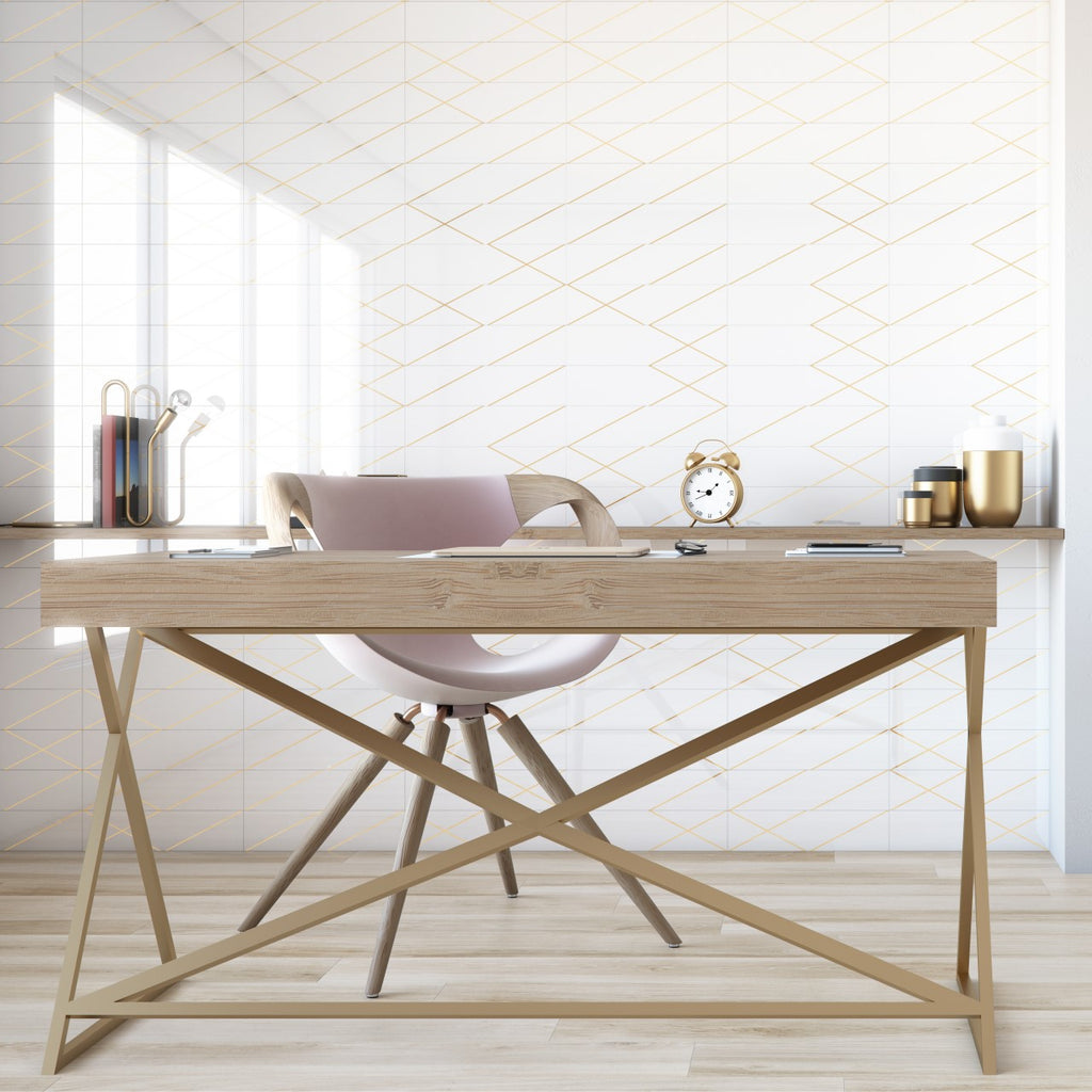 Gold Line 4 x 16 White Patterned Ceramic Subway Wall Tile