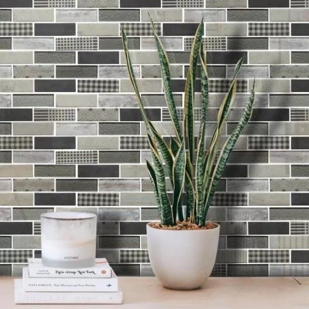 Gray Gingham Pattern Mini Brick Glass Mosaic Wall Tile - TileBuys