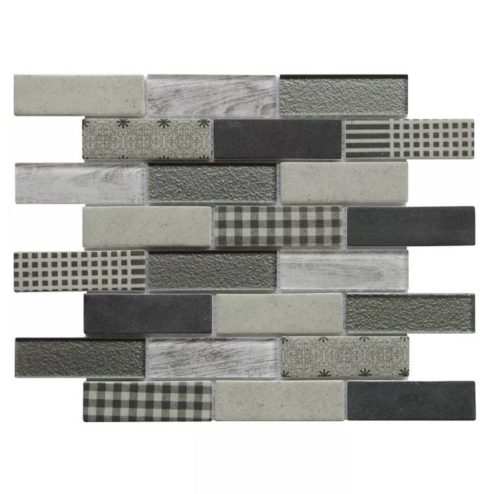 Gray Gingham Pattern Mini Brick Glass Mosaic Wall Tile - TileBuys