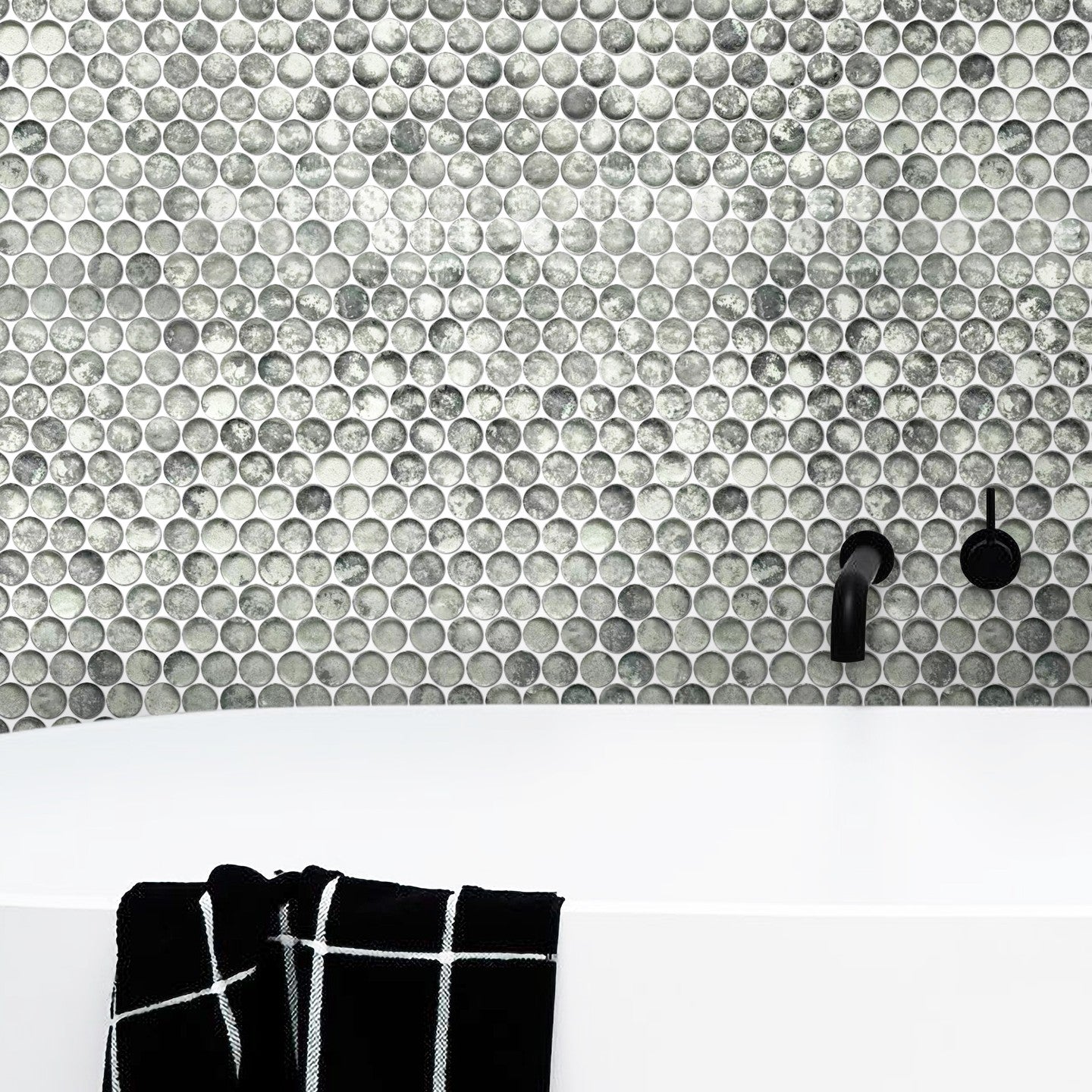 Gray Textured Glass Penny Tile Tub Surround