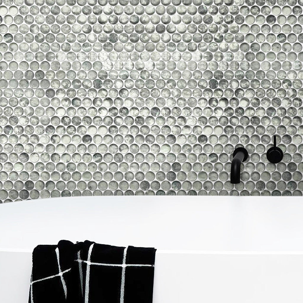 Gray Textured Glass Penny Tile Tub Surround