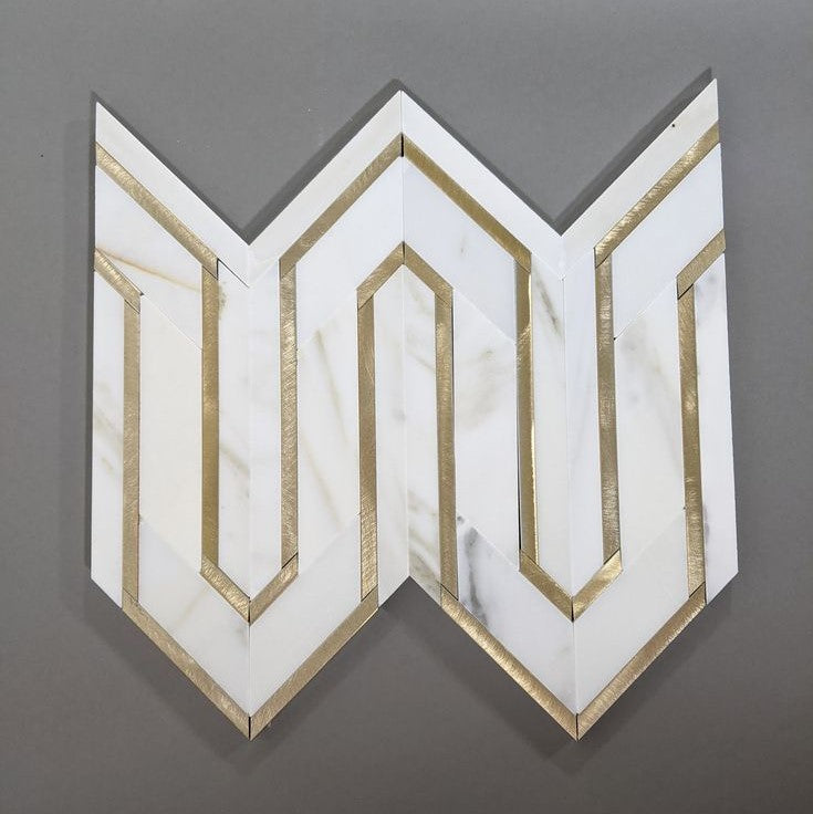Calacatta Gold Marble and Gold Metal Waterjet Mosaic Tile in Greek Key Meandros