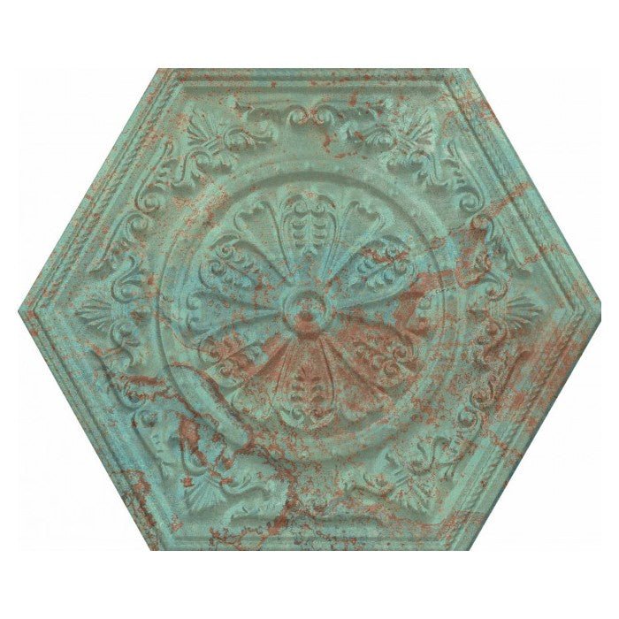 Closeup of Hexagon Porcelain Tile Featuring Design Resembling Patinated Copper