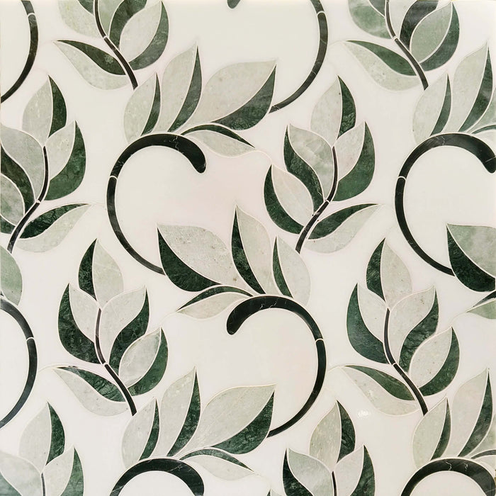Thassos White, Nero Black, and Verde Green Leaf Marble Waterjet Mosaic Tile