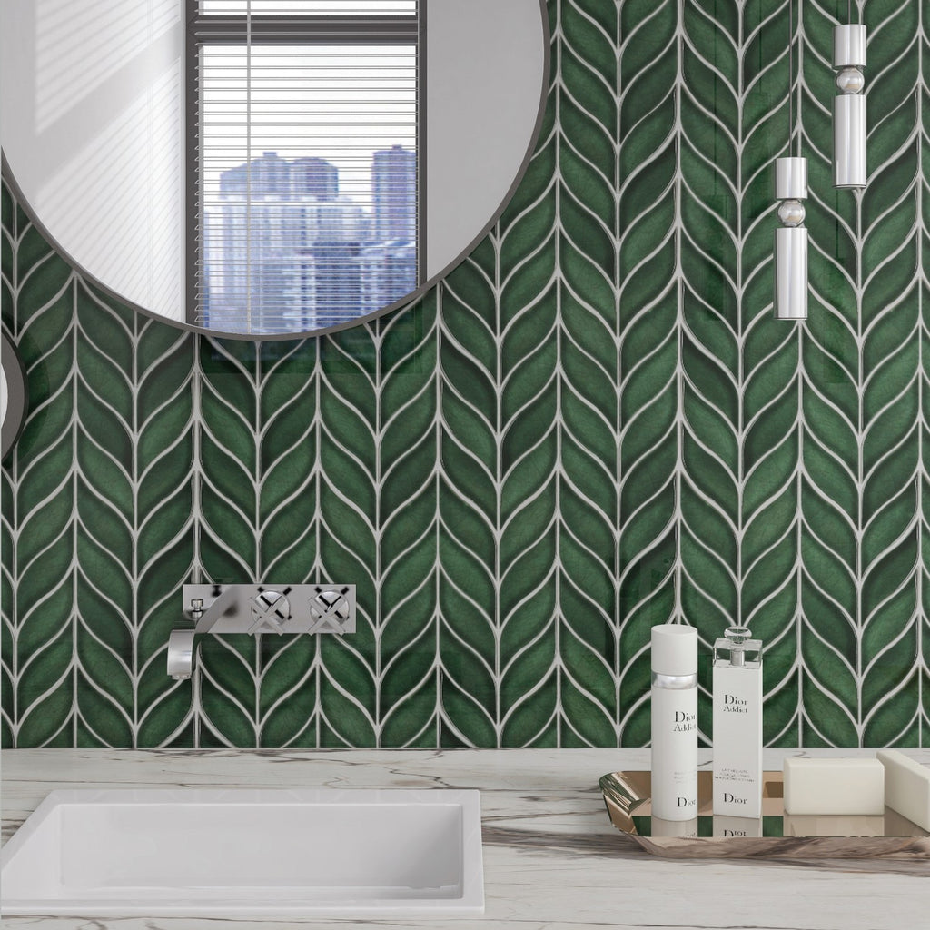 Glossy Ceramic Dark Forest Green Leaf Mosaic Tile
