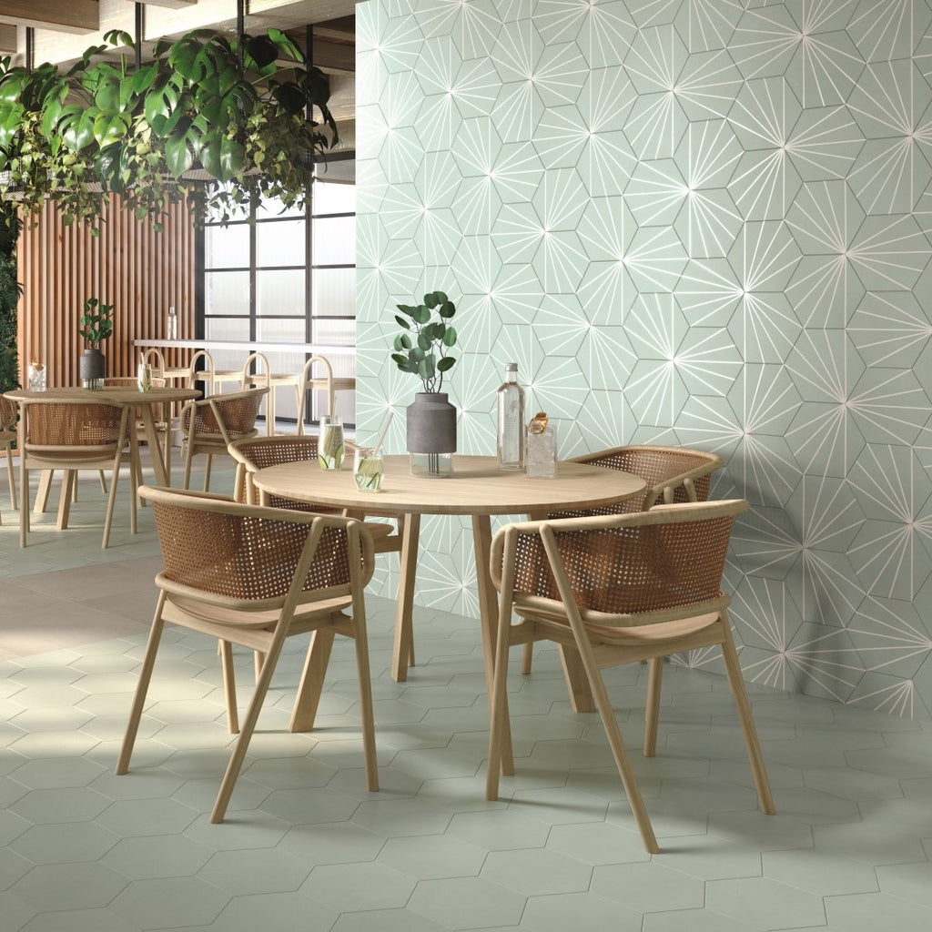 Starline Pattern Hexagon Porcelain Tiles in Gray Green