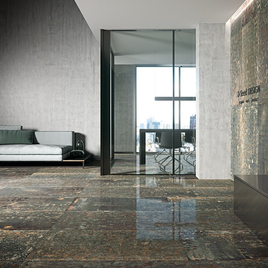 Grunge Pattern Metal Look 18x36" Porcelain Tile in Rust Black - TileBuys