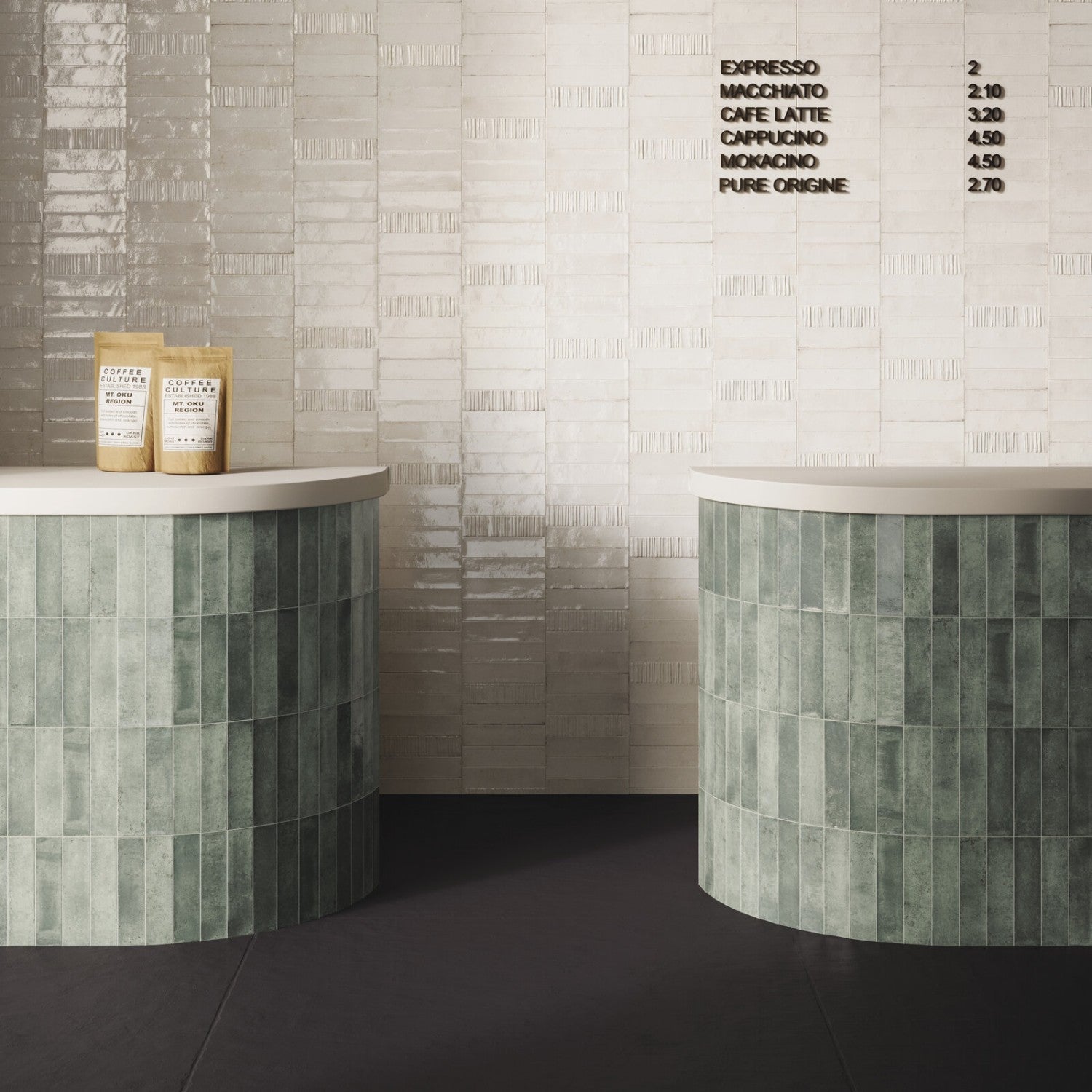 Commercial Cafe Design Featuring Jade Green Subway Tile Islands