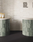 Commercial Cafe Design Featuring Jade Green Subway Tile Islands