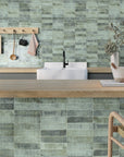 Kitchen with Glossy Jade Green 2x8 Ceramic Subway Tile Backsplash