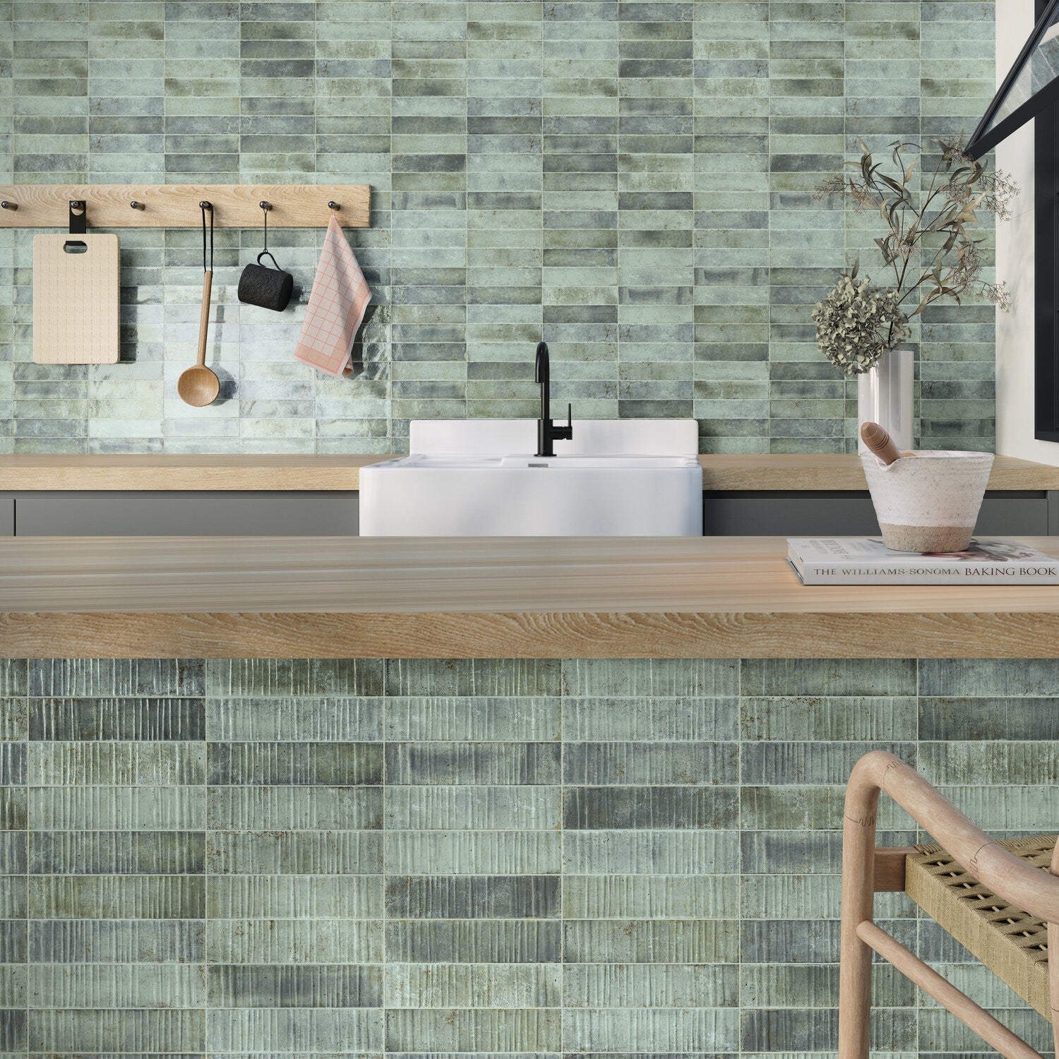 Jade Ceramic Textured Subway Tile Kitchen Island