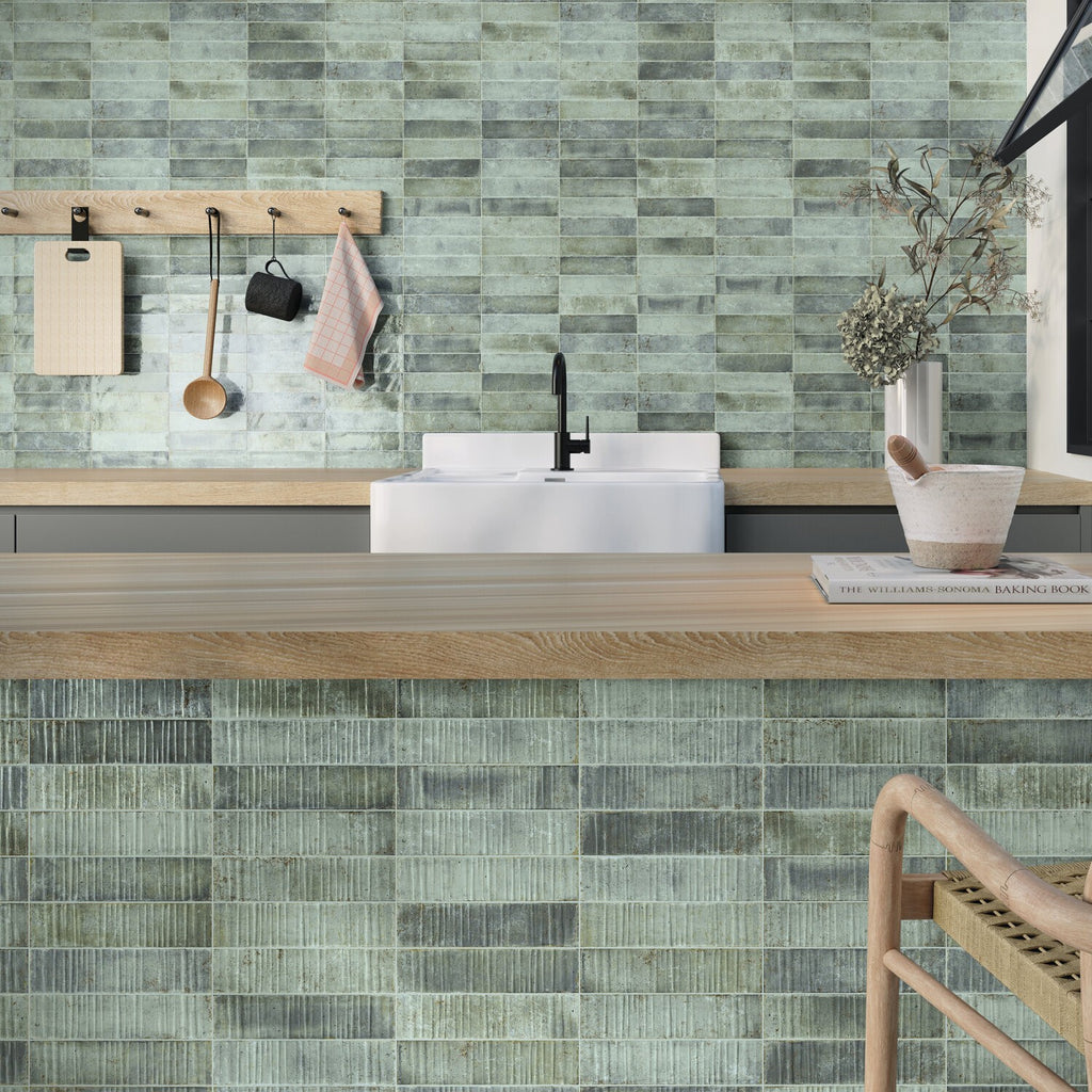 Jade Ceramic Textured Subway Tile Kitchen Island