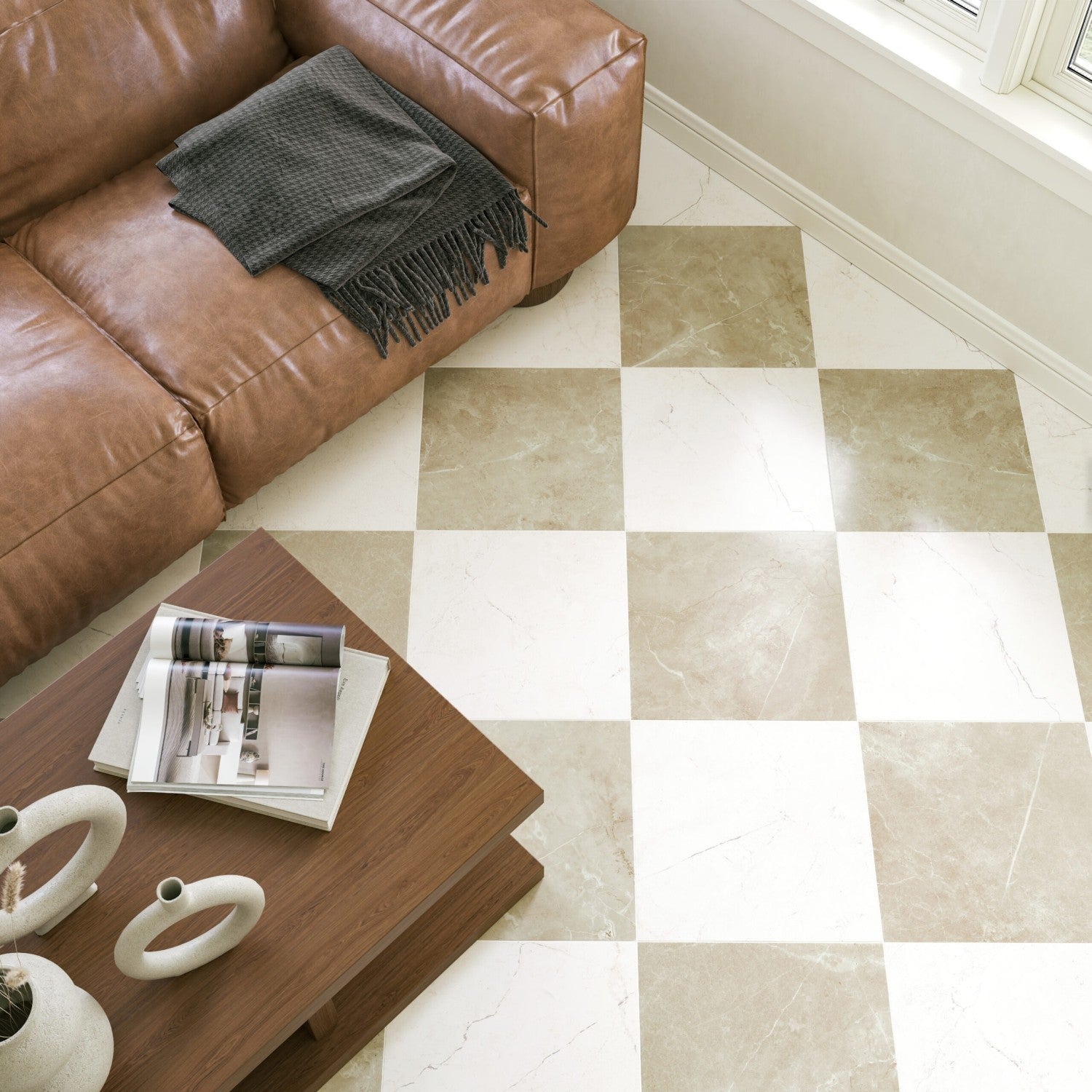 Keystone Bone Beige and White 12x12 Porcelain Tiles in Checkerboard Pattern