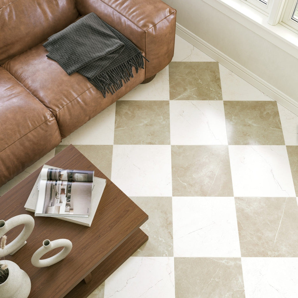 Keystone Bone Beige and White 12x12 Porcelain Tiles in Checkerboard Pattern