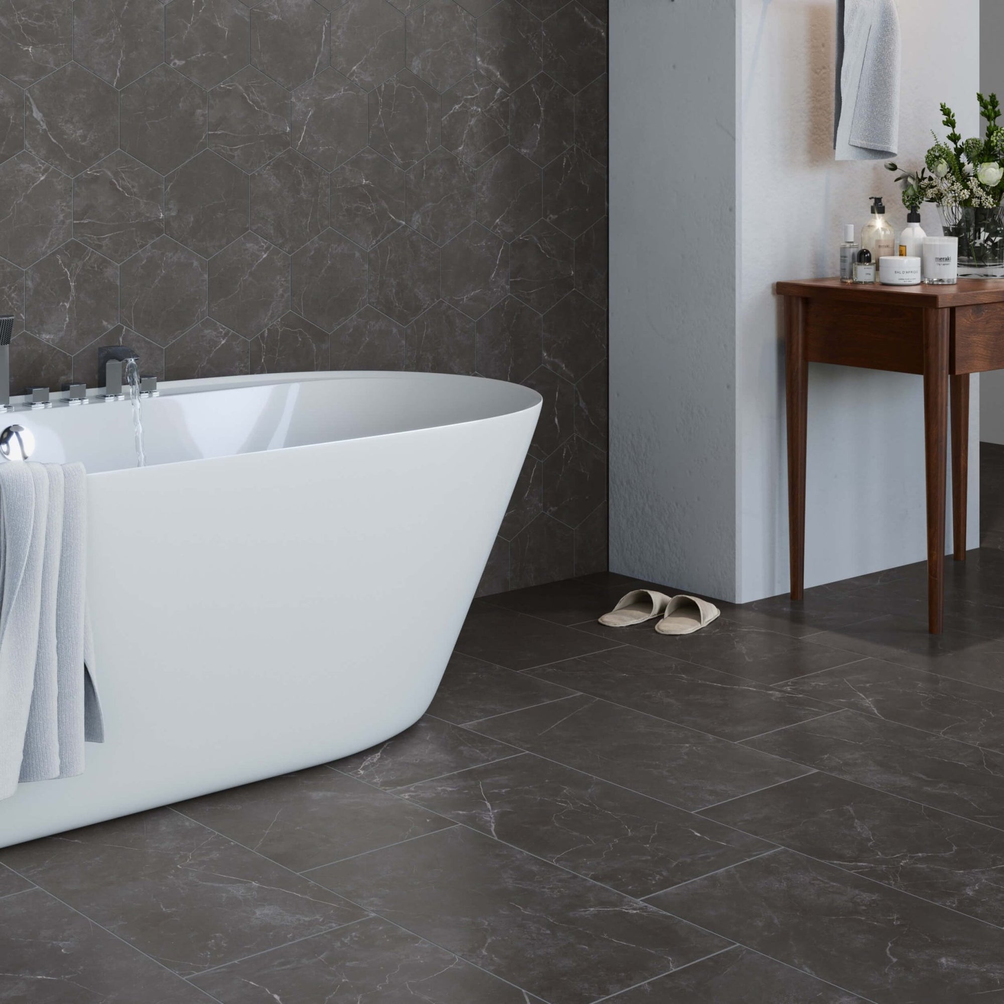 Black Hexagon Tile Tub Surround