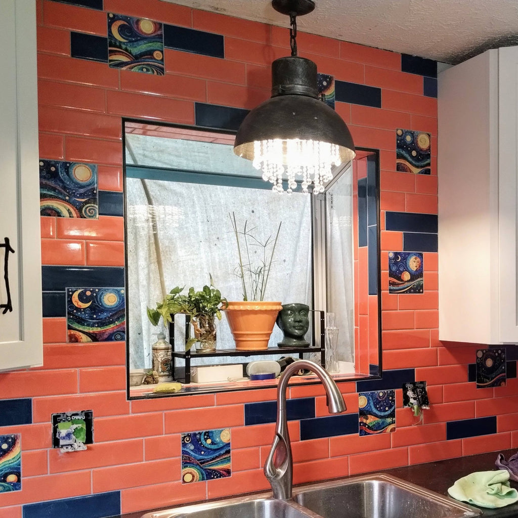 Colorful Kitchen Backsplash with Bold Blue Ceramic Subway Tile Accents