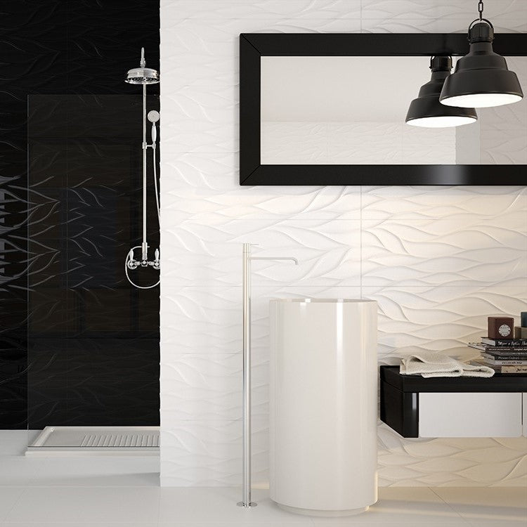 White and black bathroom with open shower, modern vanity area, and white 3D wavy tile wall.