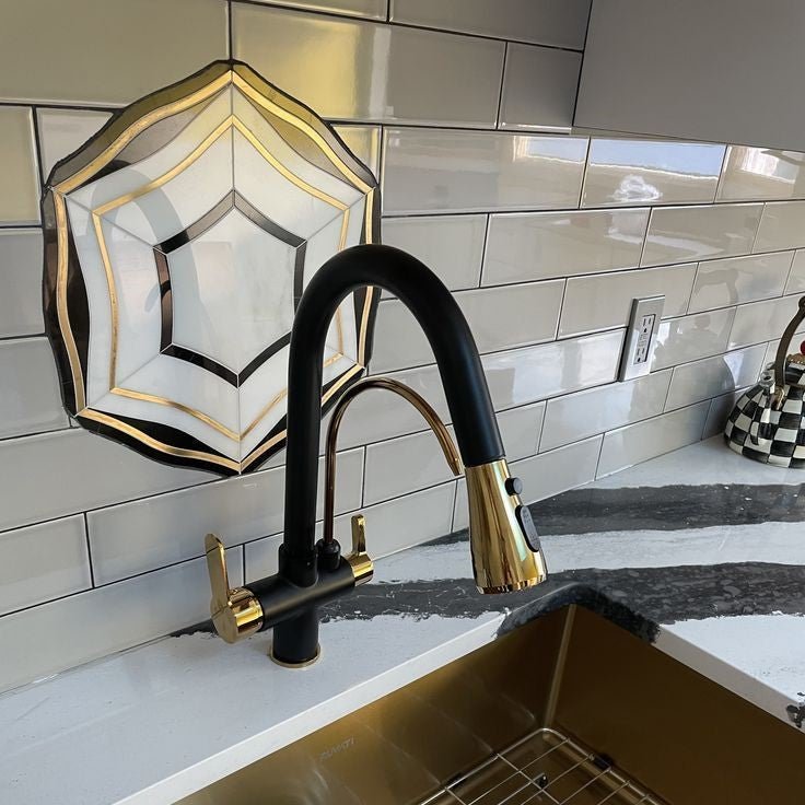 Luxe Geometric Waterjet Mosaic Tile in Calacatta, Nero Black Marble, Brushed Gold Metal - TileBuys