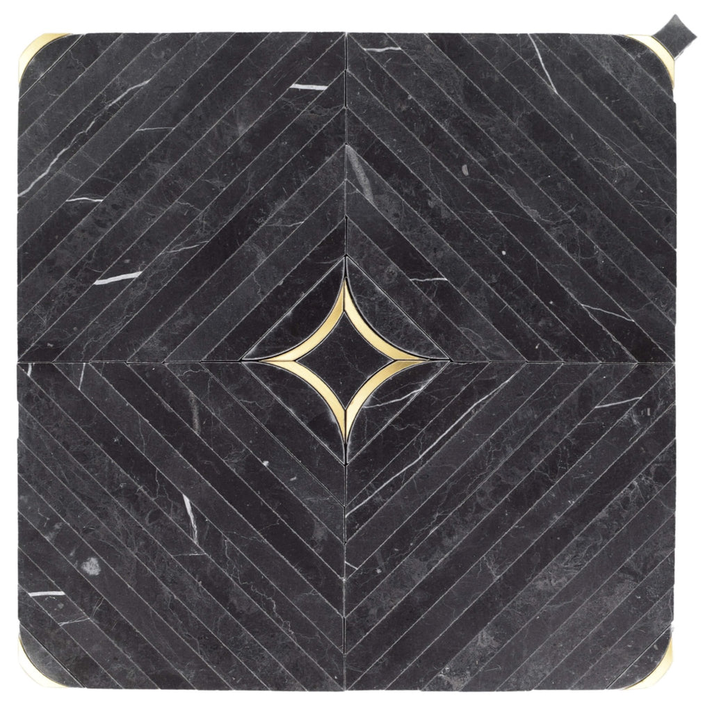 Luxe Nero Black Marble with Brass Inlay Waterjet Mosaic Tile - TileBuys