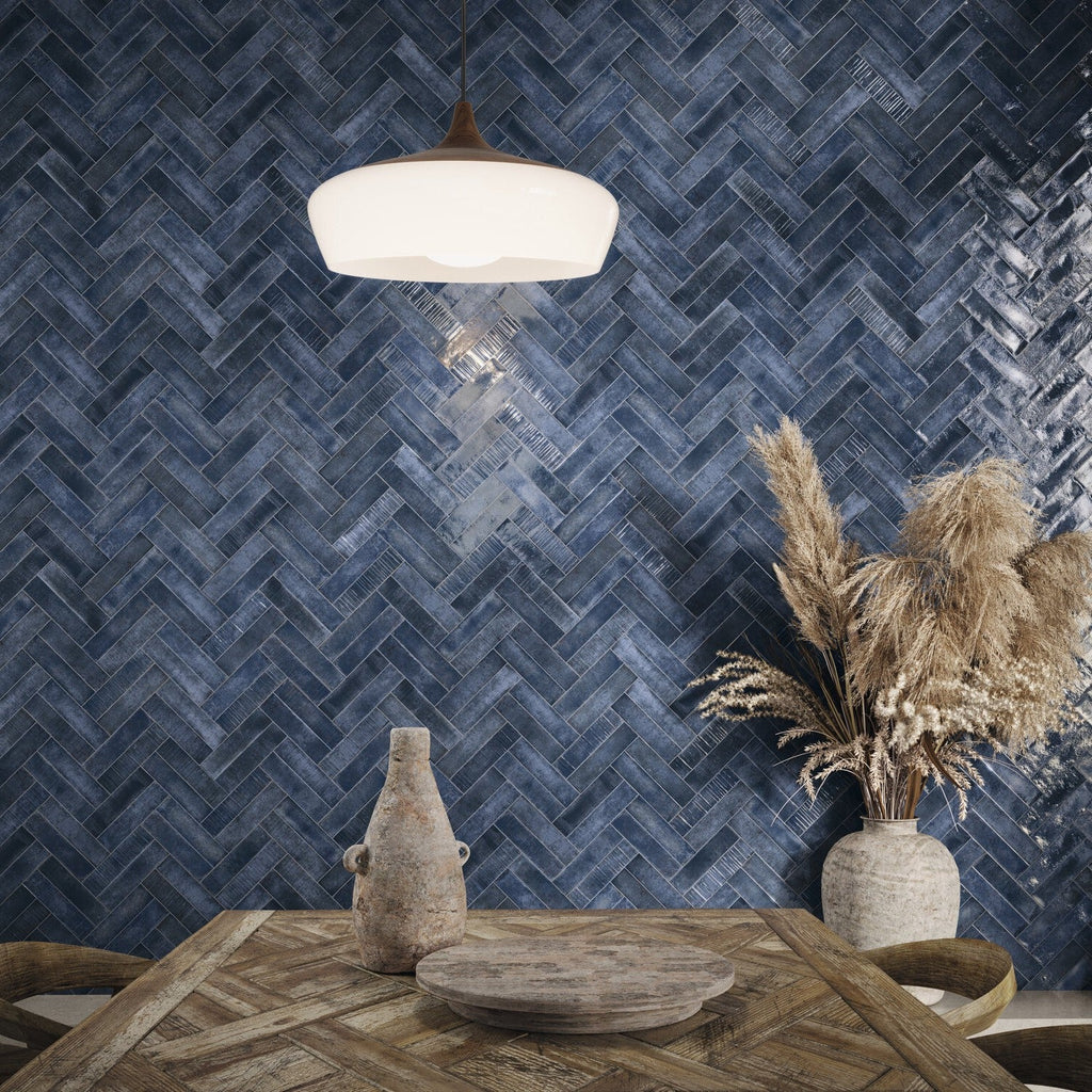Marine Blue 2x8 Ceramic Subway Tile Wall