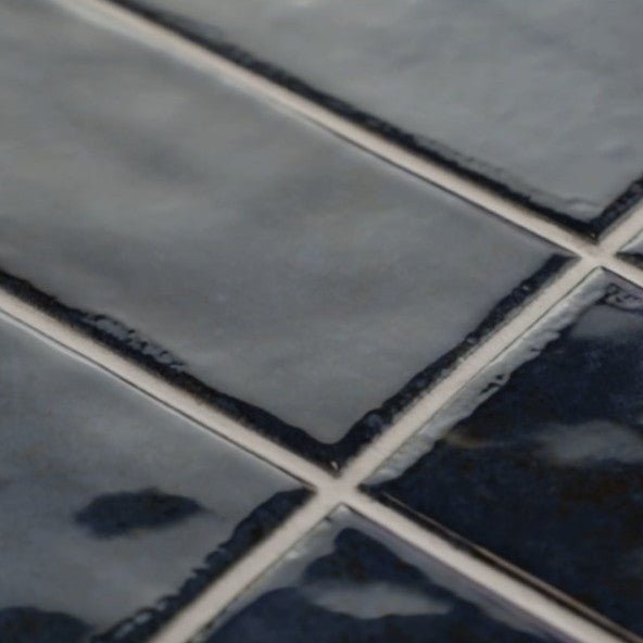 Closeup of Marine Blue 2x8 Ceramic Subway Tiles