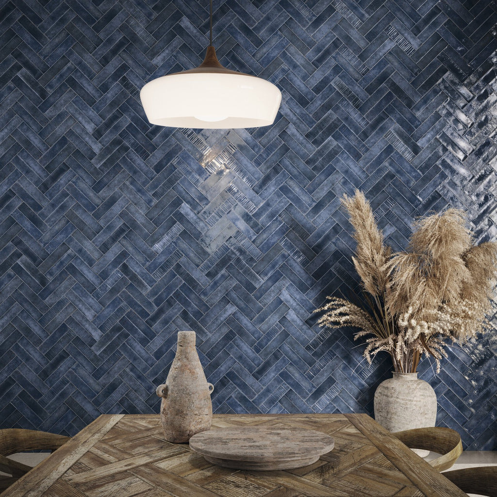 Marine Blue 2x8 Ceramic Subway Tile Wall