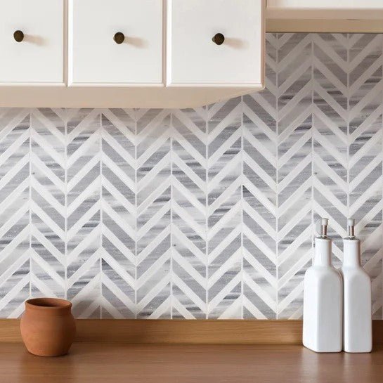 Marmara Gray & White Marble Mosaic Tile - Chevron - Polished - TileBuys