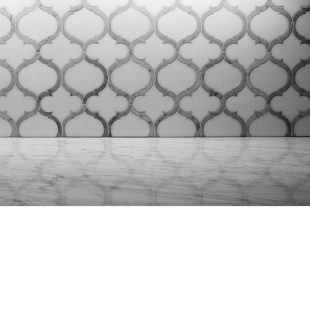 White Thassos and Bianco Carrara Marble Waterjet Mosaic Tile in Arabesque Marrakech